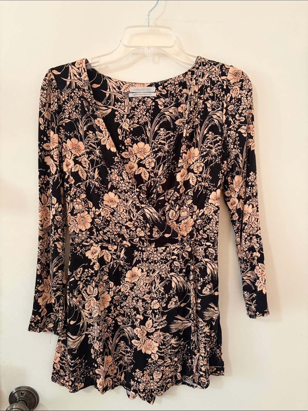Urban Outfitters Black Floral Long-Sleeve Wrap Dress with Blush Accents